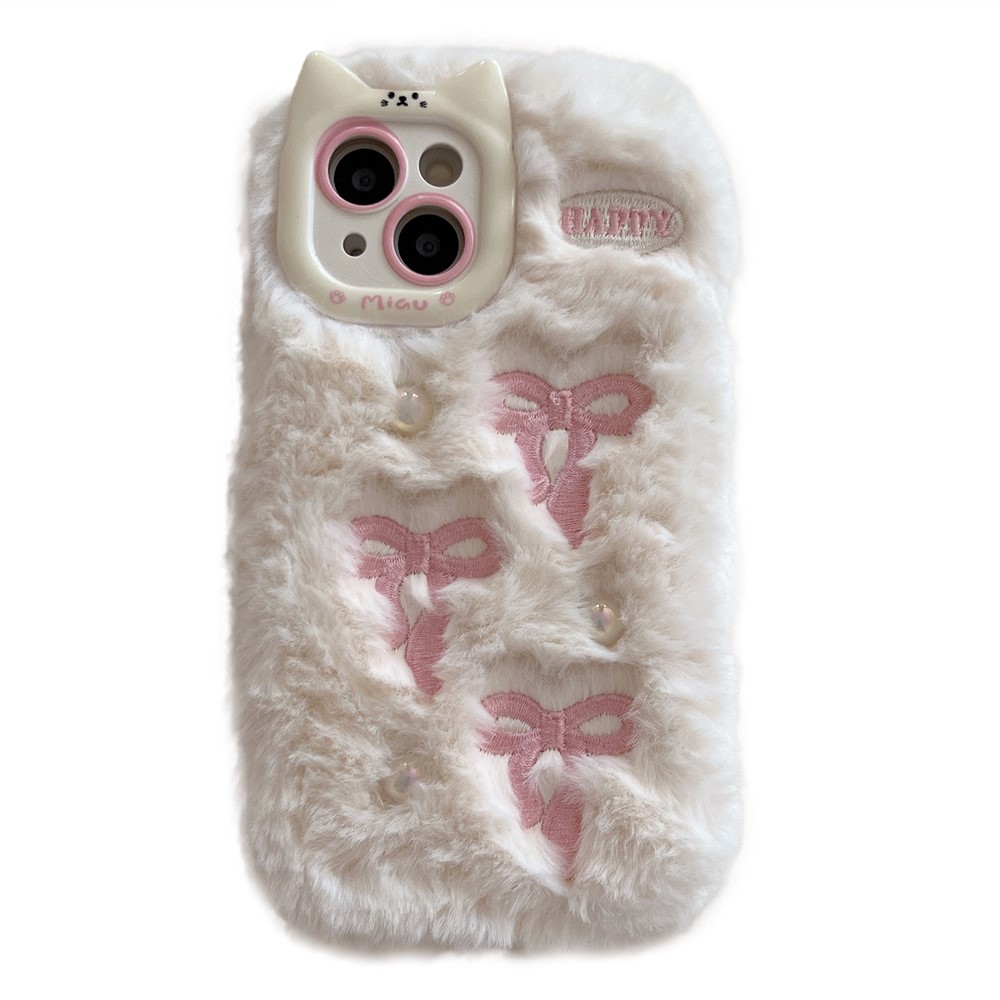 For iPhone 15 Case 3D Bow Design Pearl Accents Fuzzy Winter TPU Phone Cover - White