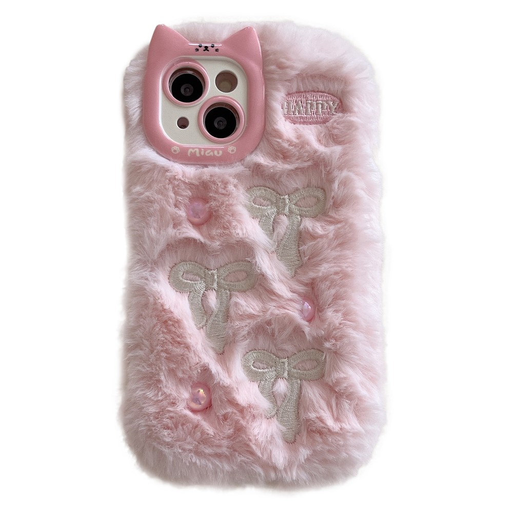 For iPhone 15 Case 3D Bow Design Pearl Accents Fuzzy Winter TPU Phone Cover - Pink
