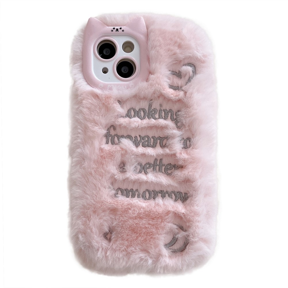 For iPhone 15 Case Cat Ear Fuzzy Furry Winter TPU Embroidered Phone Cover - Pink