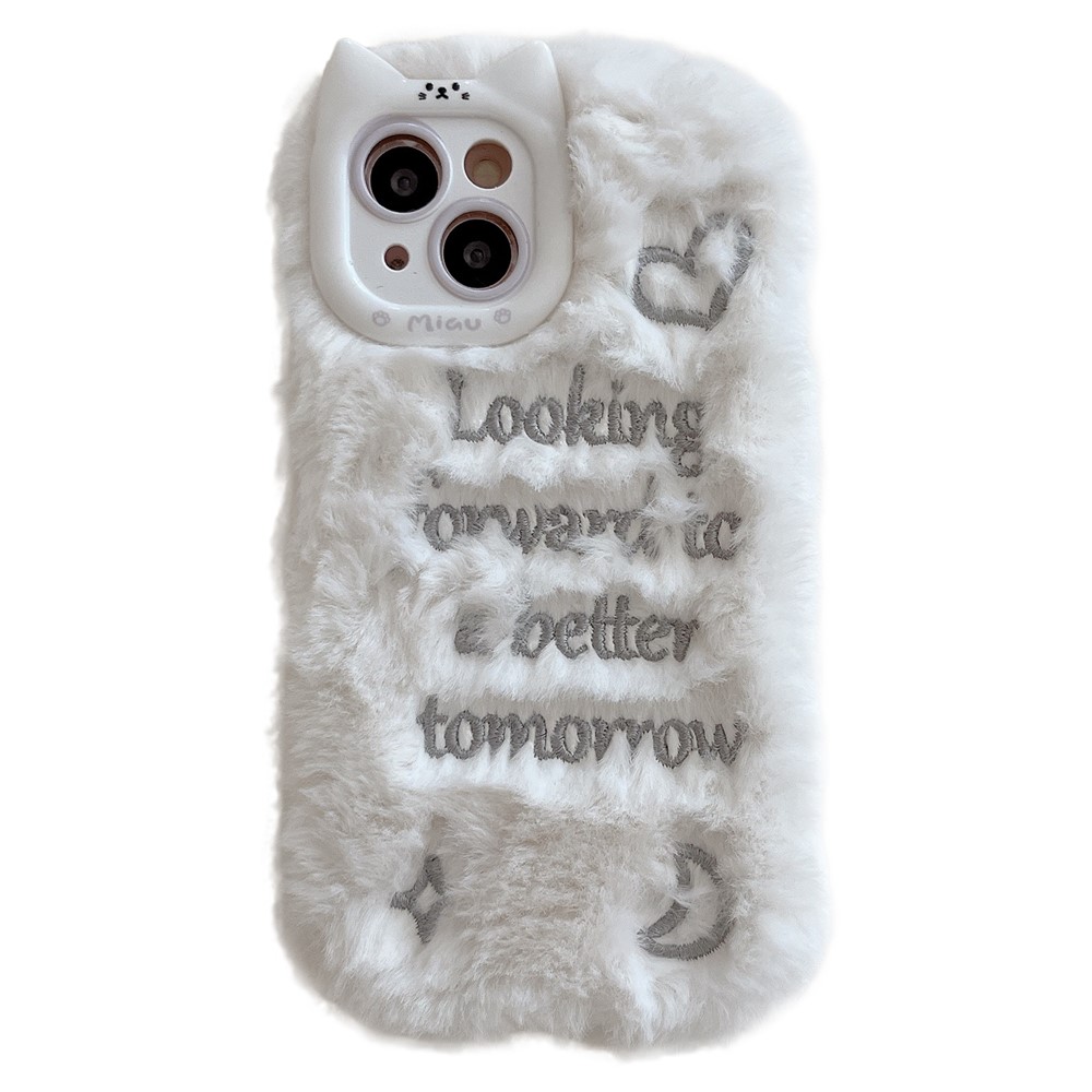 For iPhone 15 Case Cat Ear Fuzzy Furry Winter TPU Embroidered Phone Cover - White