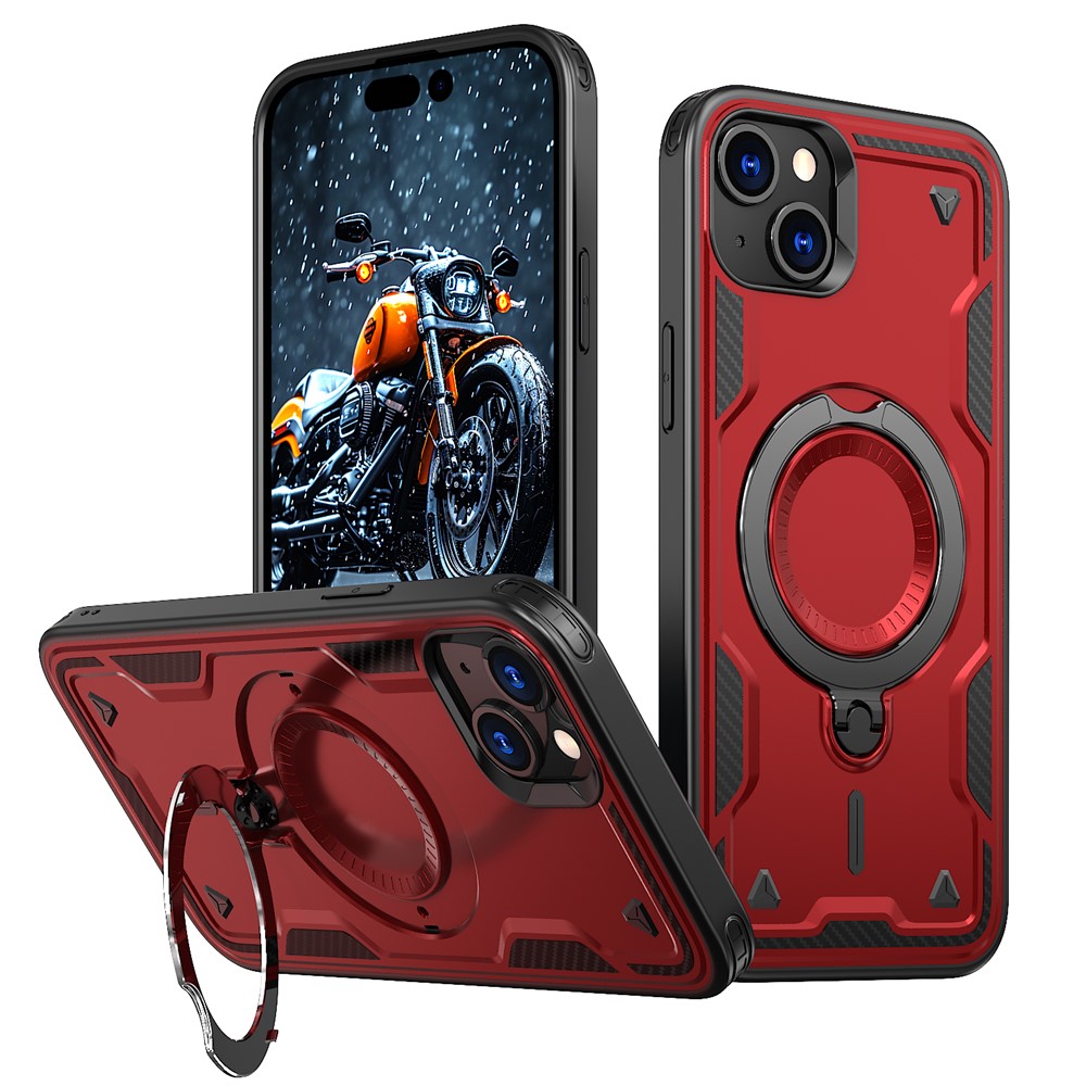 For iPhone 15 Plus Case Compatible with MagSafe Military Protection PC+TPU Kickstand Phone Cover - Red