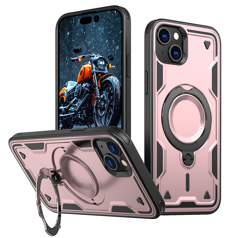 For iPhone 15 Plus Case Compatible with MagSafe Military Protection PC+TPU Kickstand Phone Cover - Rose Gold