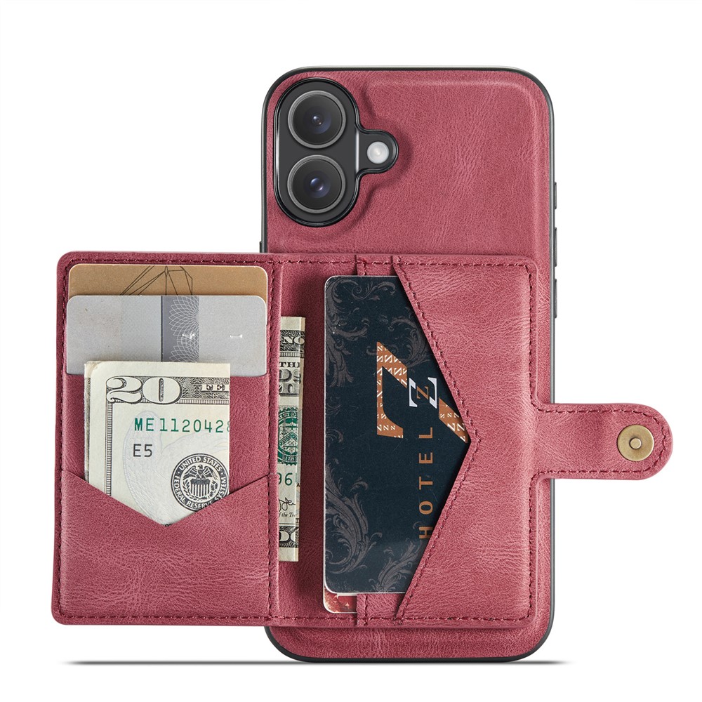 For iPhone 16 Plus Case JEEHOOD J01 Retro Leather + TPU Phone Cover Detachable Magnetic Card Holder - Red