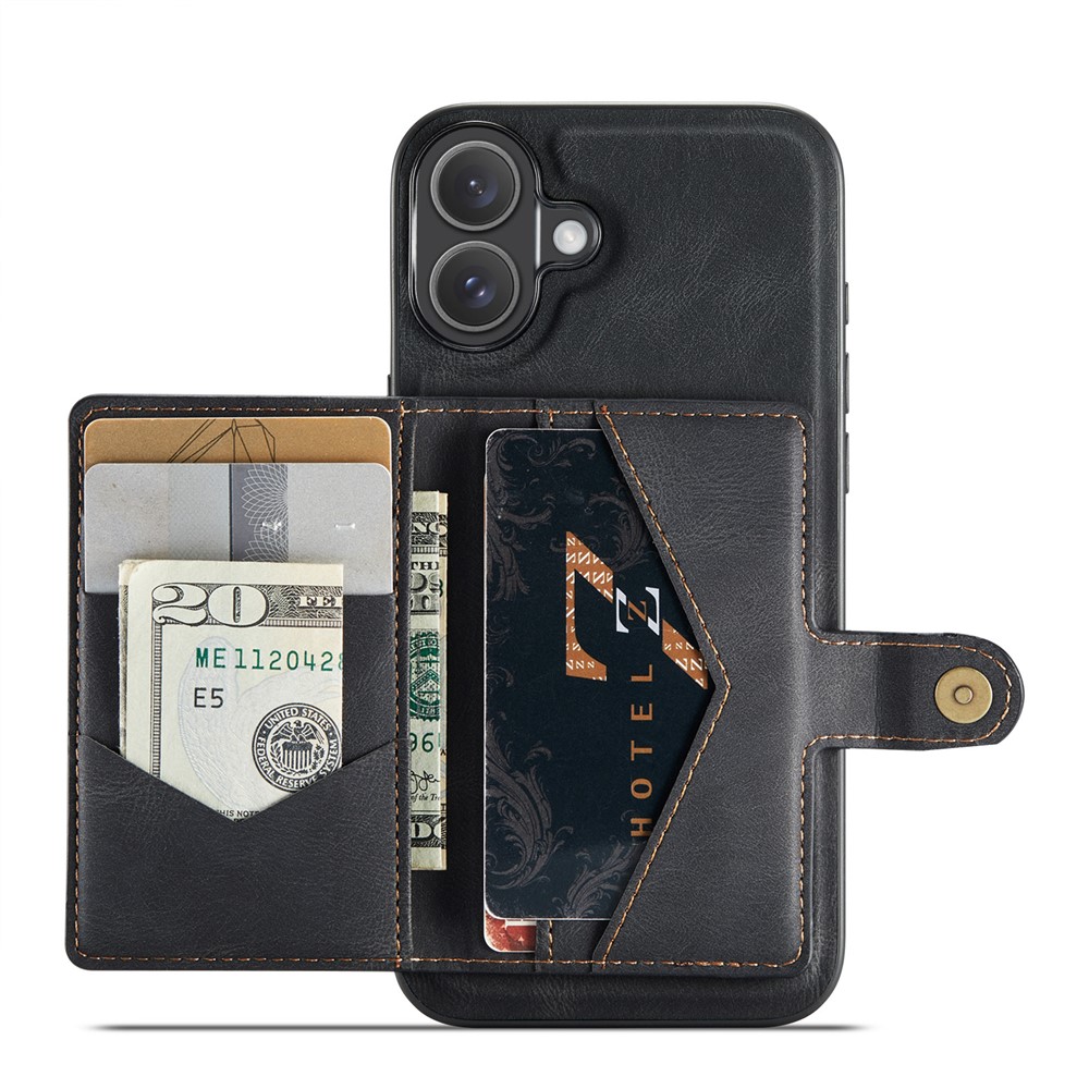 For iPhone 16 Plus Case JEEHOOD J01 Retro Leather + TPU Phone Cover Detachable Magnetic Card Holder - Black