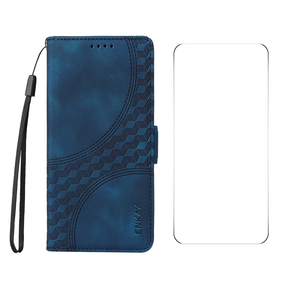 For iPhone 16 Wallet Case ENKAY Imprint PU Leather Phone Stand Cover with Tempered Glass - Blue