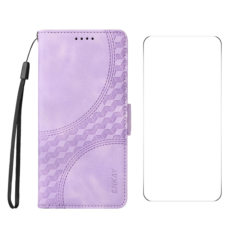 For iPhone 16 Wallet Case ENKAY Imprint PU Leather Phone Stand Cover with Tempered Glass - Purple