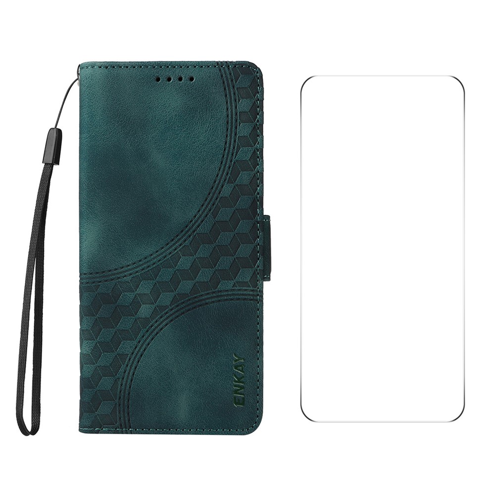 For iPhone 16 Pro Max Wallet Case ENKAY Imprint PU Leather Phone Stand Cover with Tempered Glass - Green