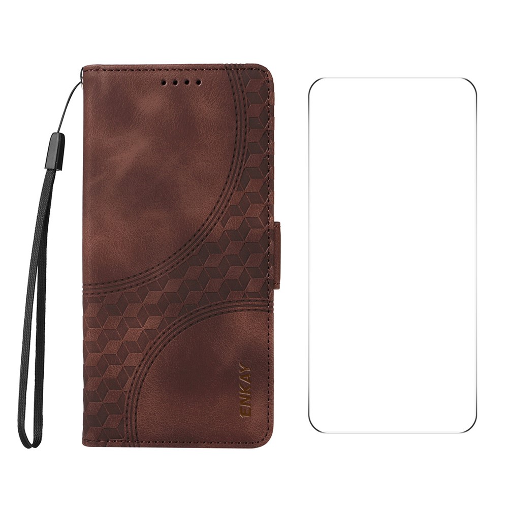 For iPhone 16 Pro Max Wallet Case ENKAY Imprint PU Leather Phone Stand Cover with Tempered Glass - Brown