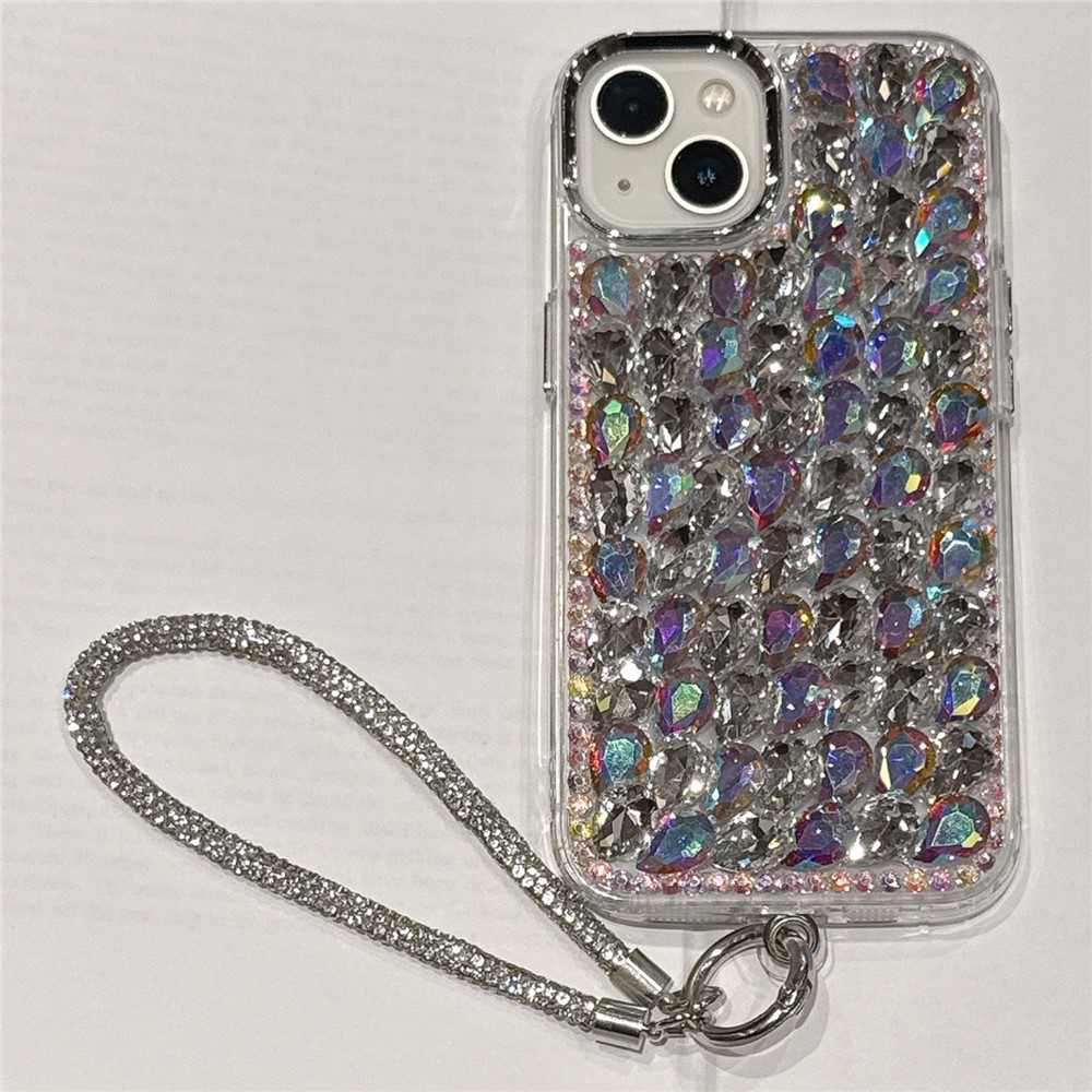 For iPhone 15 Case Electroplating Glass Rhinestones PC+TPU Phone Cover with Wrist Strap - Silver