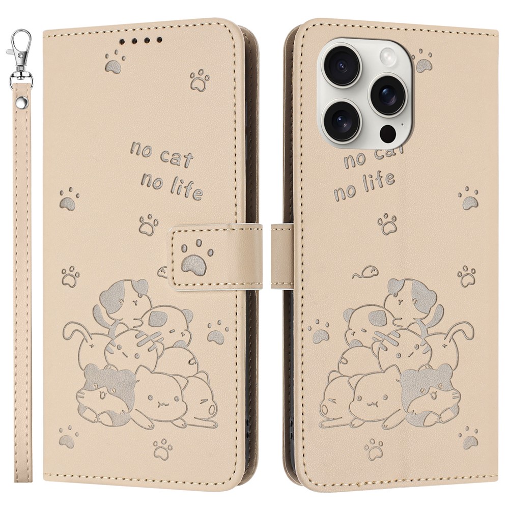 For iPhone 14 Pro Case with Strap Cats Imprint Leather Wallet Phone Cover - Beige