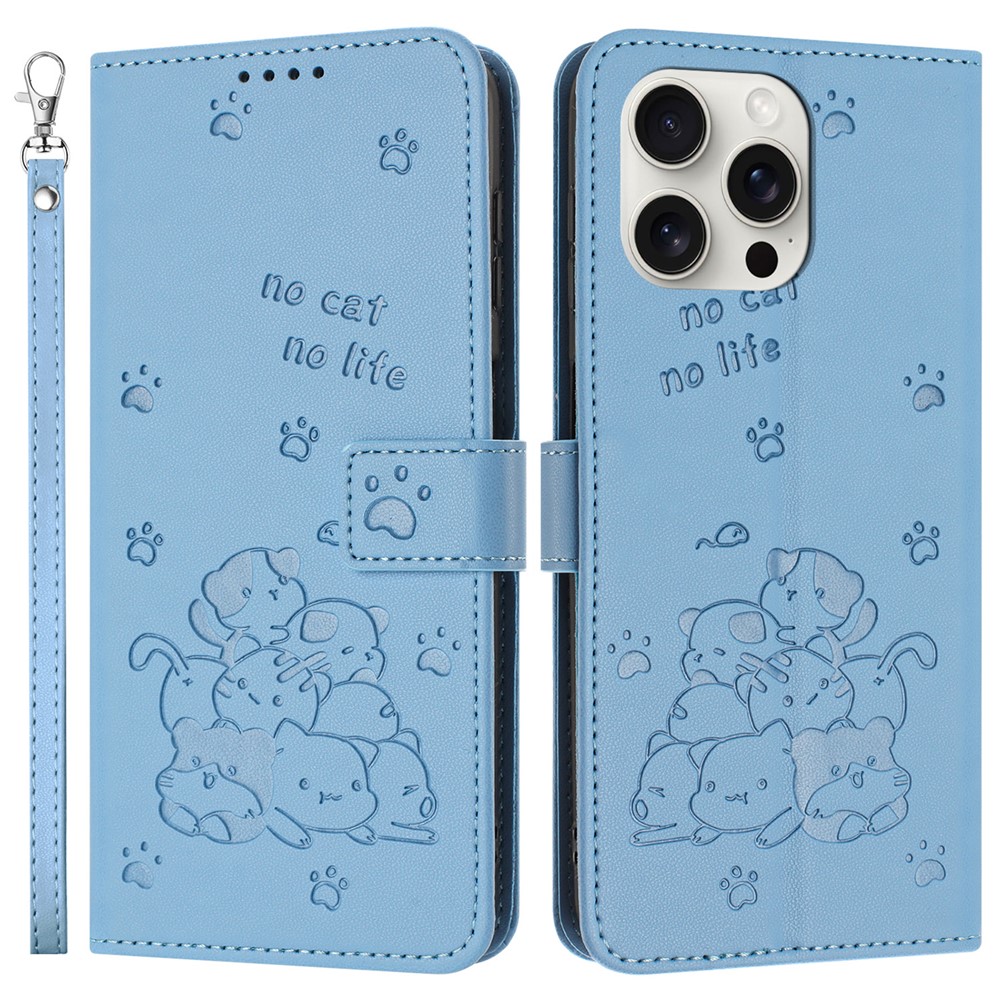 For iPhone 14 Pro Case with Strap Cats Imprint Leather Wallet Phone Cover - Blue
