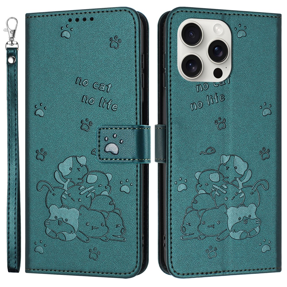 For iPhone 14 Pro Case with Strap Cats Imprint Leather Wallet Phone Cover - Blackish Green