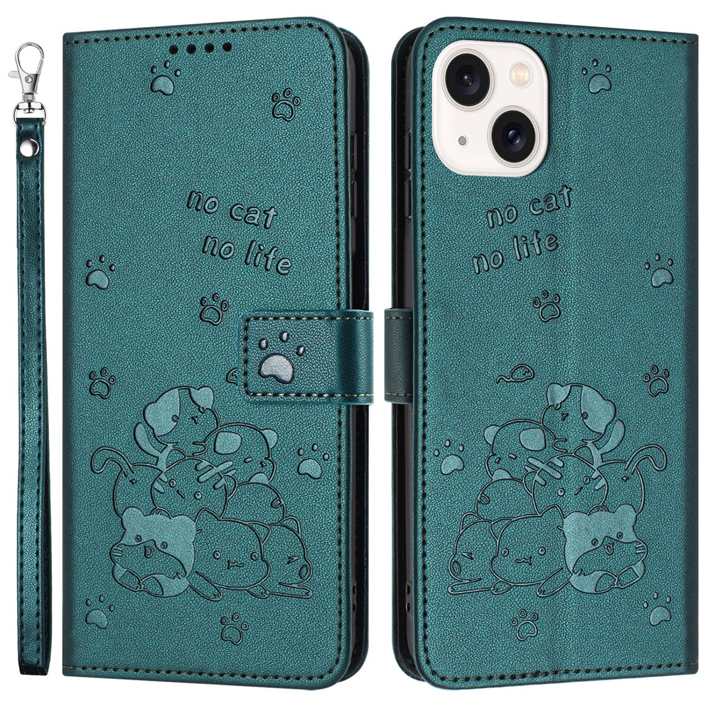 For iPhone 14 / 13 Case with Strap Cats Imprint Leather Wallet Phone Cover - Blackish Green