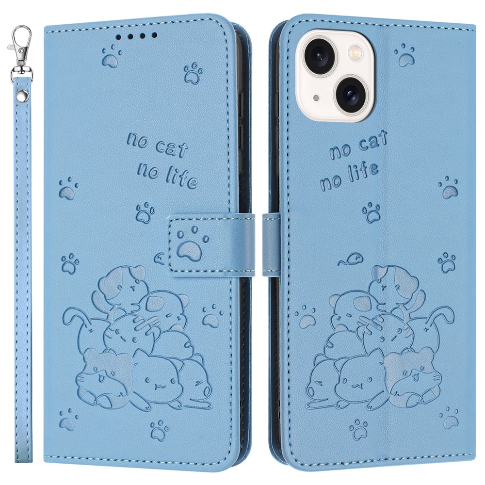 For iPhone 14 / 13 Case with Strap Cats Imprint Leather Wallet Phone Cover - Blue