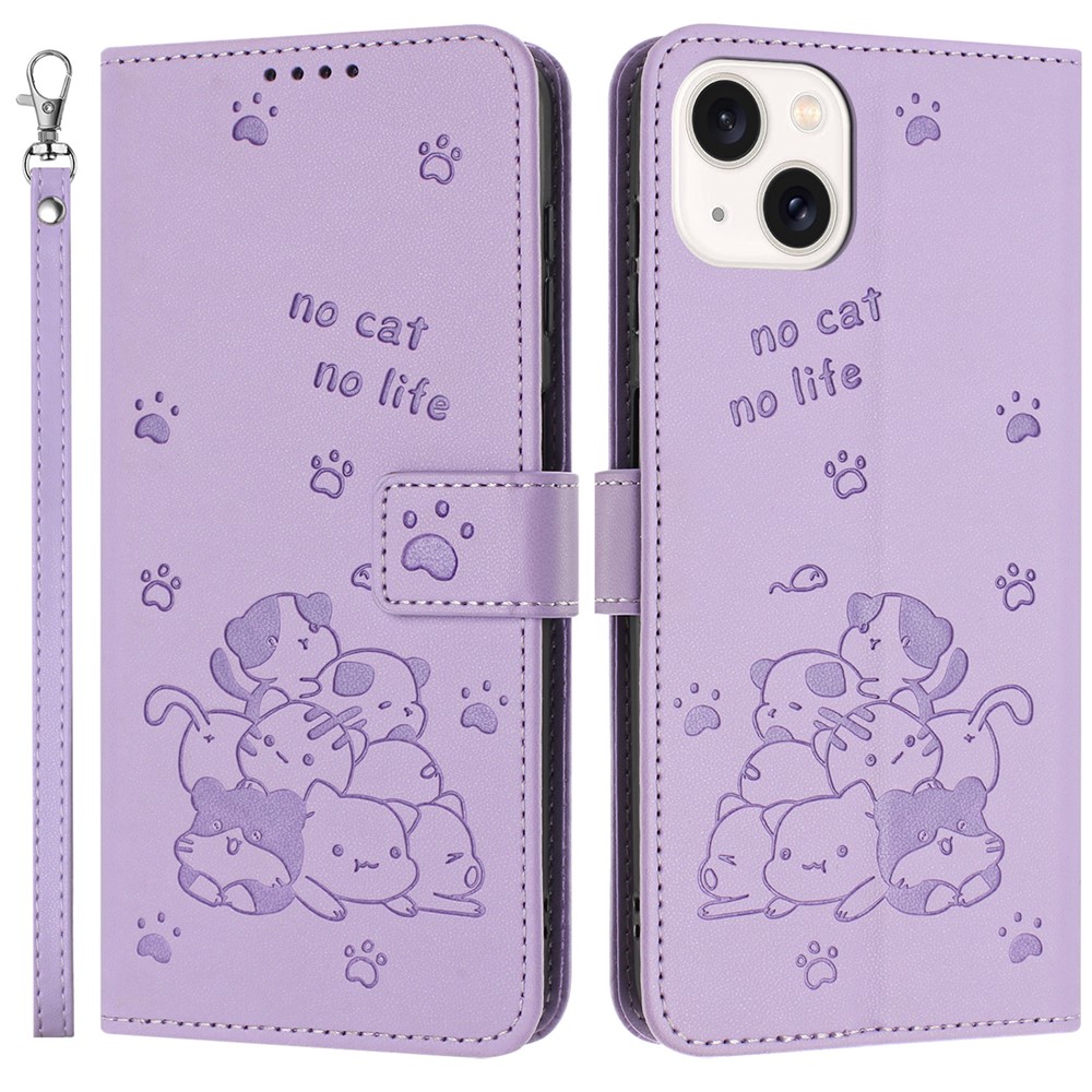 For iPhone 14 / 13 Case with Strap Cats Imprint Leather Wallet Phone Cover - Purple