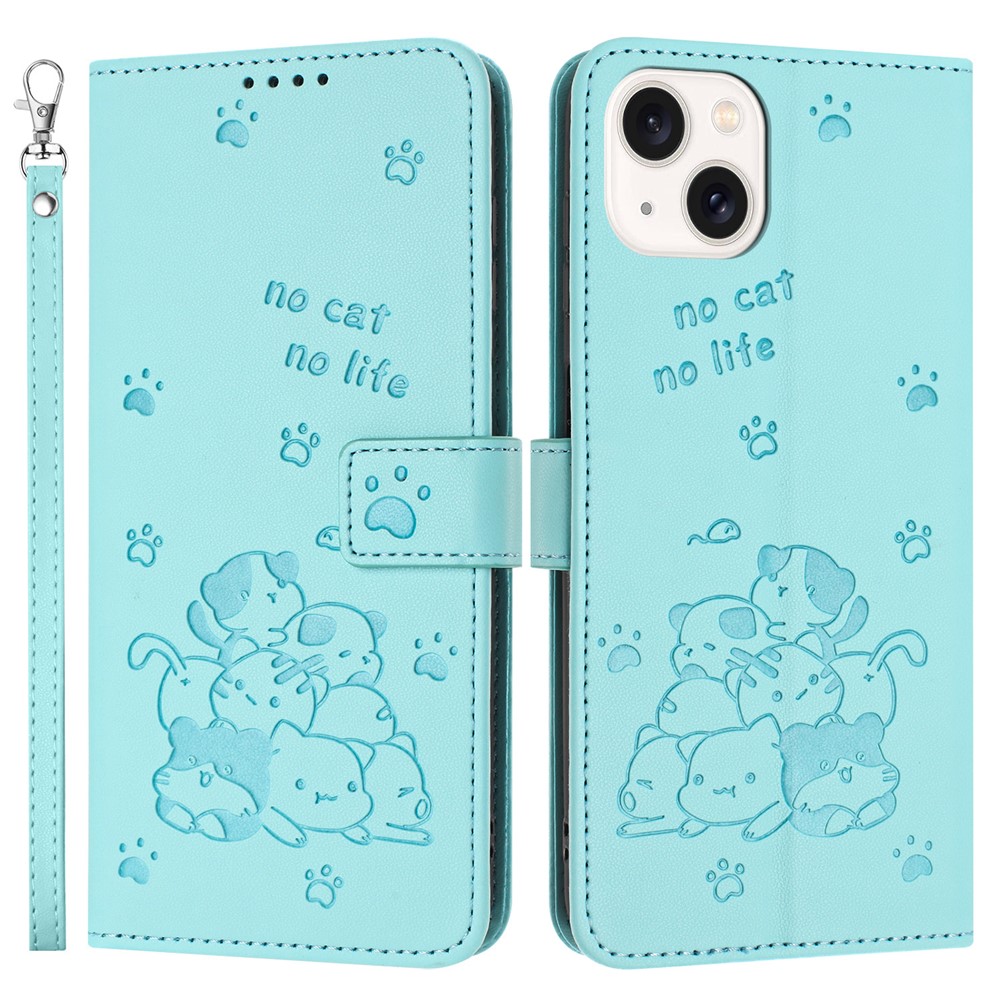 For iPhone 14 / 13 Case with Strap Cats Imprint Leather Wallet Phone Cover - Green