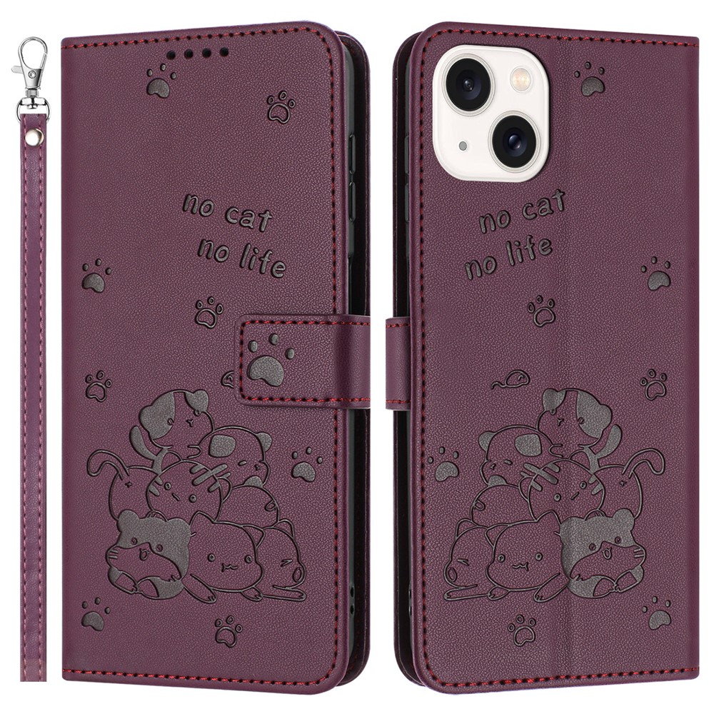 For iPhone 15 Case with Strap Cats Imprint Leather Wallet Phone Cover - Wine Red