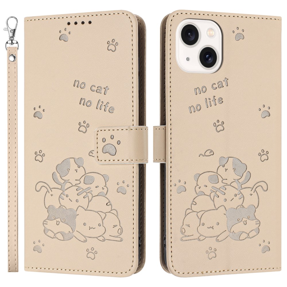 For iPhone 15 Case with Strap Cats Imprint Leather Wallet Phone Cover - Beige