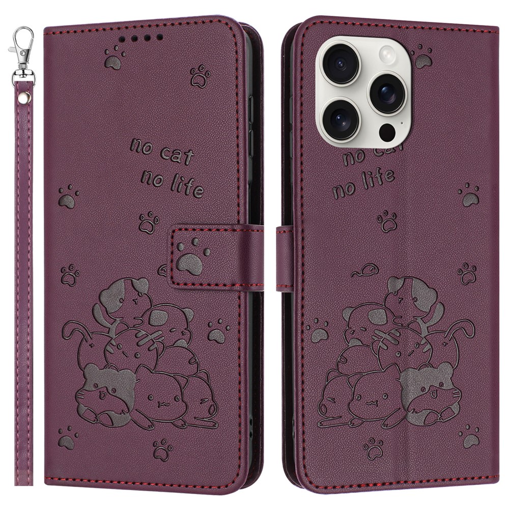 For iPhone 14 Pro Max Case with Strap Cats Imprint Leather Wallet Phone Cover - Wine Red