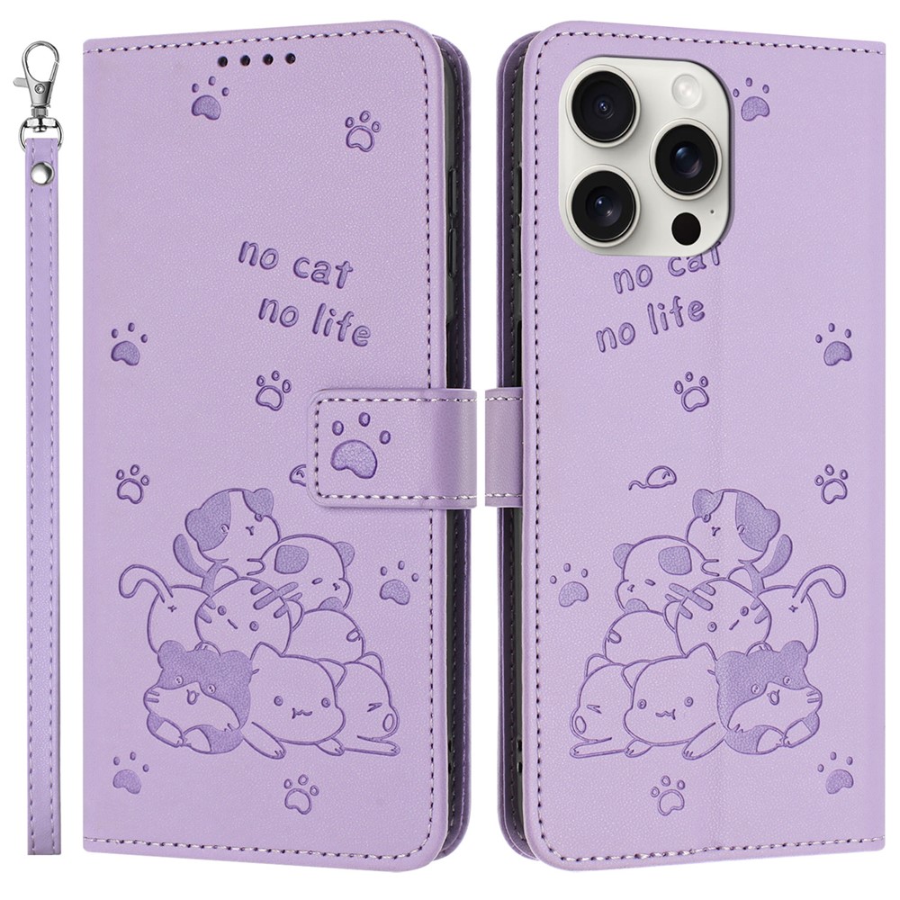 For iPhone 14 Pro Max Case with Strap Cats Imprint Leather Wallet Phone Cover - Purple