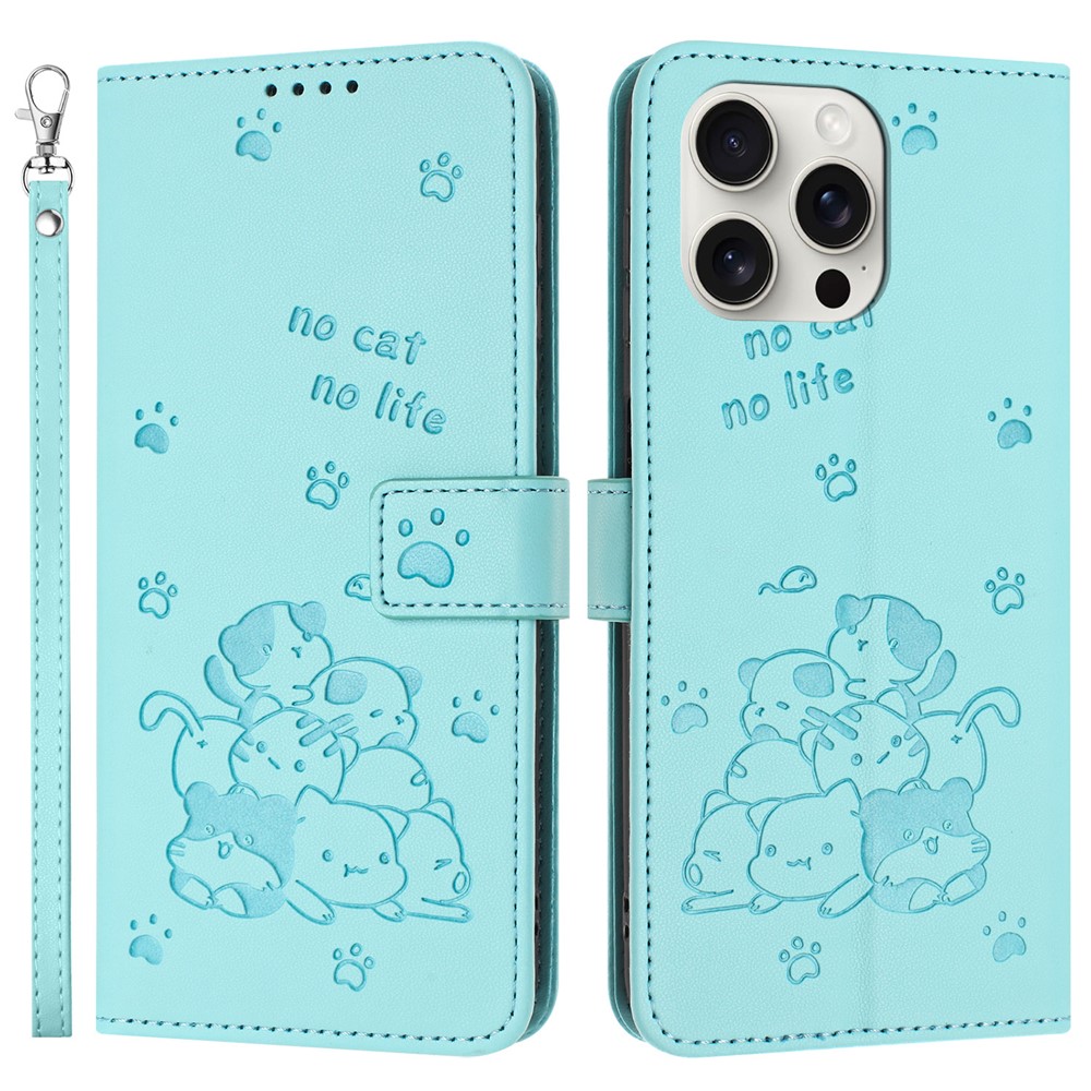 For iPhone 14 Pro Max Case with Strap Cats Imprint Leather Wallet Phone Cover - Green