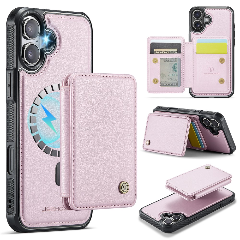 JEEHOOD J05 For iPhone 16 Plus Case Leather Mobile Cover with Detachable Magnetic Card Bag - Pink