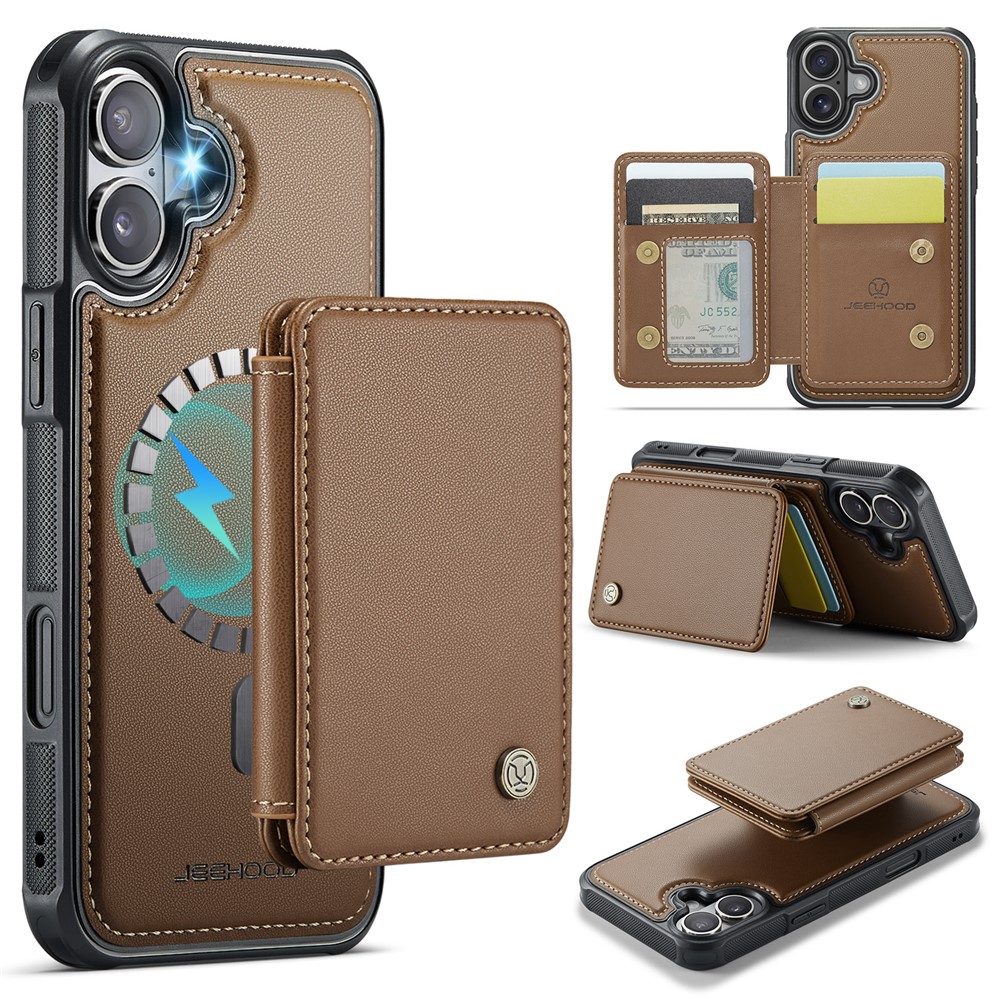JEEHOOD J05 For iPhone 16 Plus Case Leather Mobile Cover with Detachable Magnetic Card Bag - Brown
