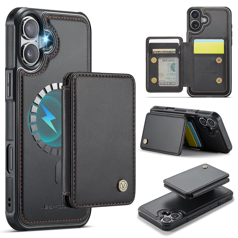 JEEHOOD J05 For iPhone 16 Plus Case Leather Mobile Cover with Detachable Magnetic Card Bag - Black