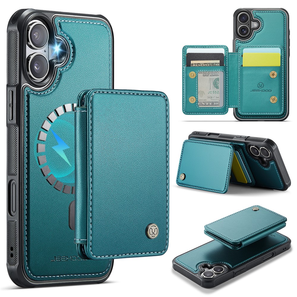 JEEHOOD J05 For iPhone 16 Plus Case Leather Mobile Cover with Detachable Magnetic Card Bag - Blue