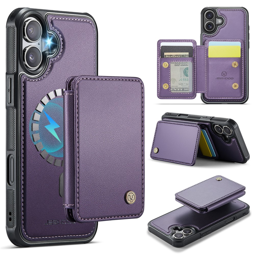 JEEHOOD J05 For iPhone 16 Plus Case Leather Mobile Cover with Detachable Magnetic Card Bag - Purple