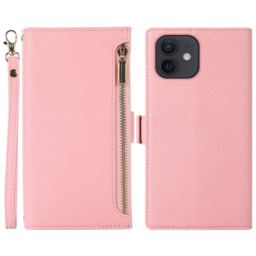 For iPhone 11 6.1 inch Zipper Pocket Design Litchi Texture Phone Case, PU Leather Flip Cover Foldable Stand Wallet with Strap - Pink