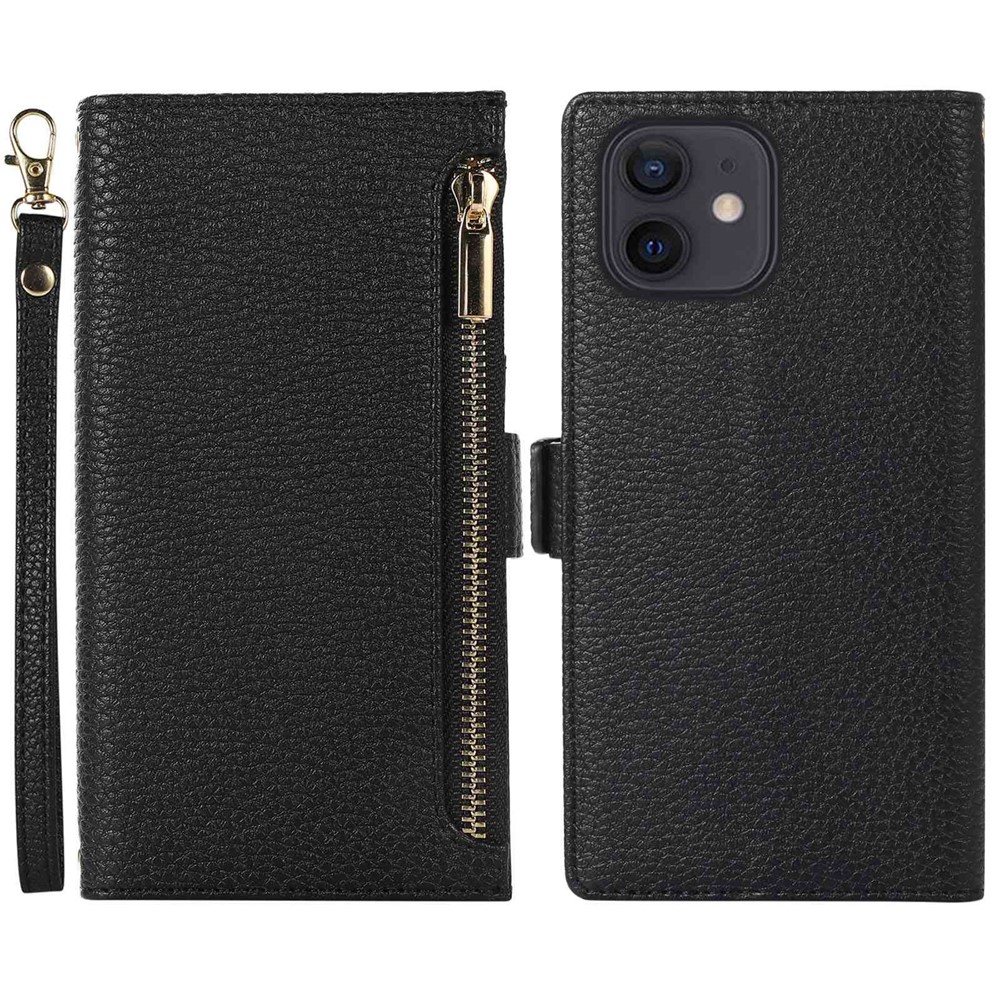 For iPhone 11 6.1 inch Zipper Pocket Design Litchi Texture Phone Case, PU Leather Flip Cover Foldable Stand Wallet with Strap - Black