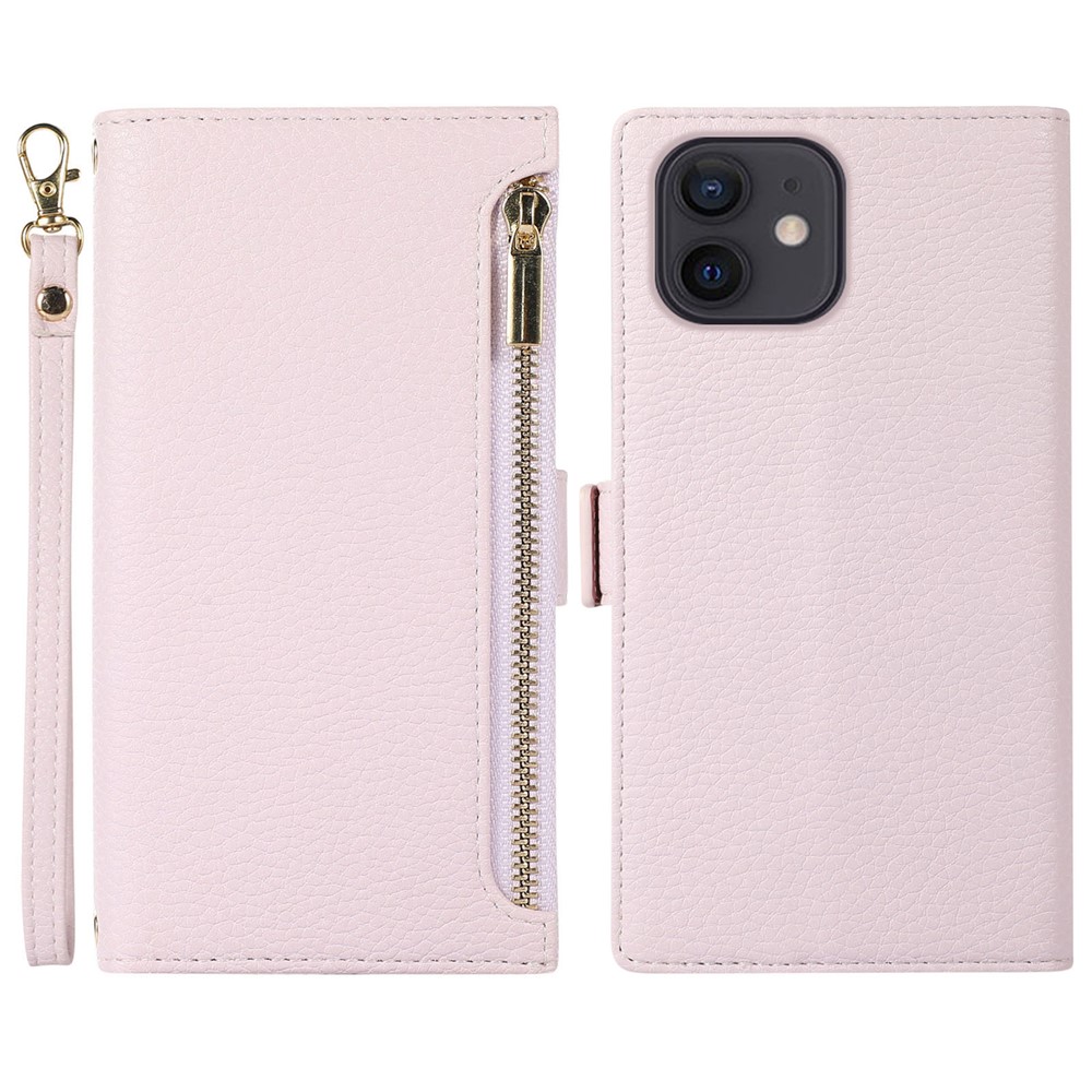 For iPhone 11 6.1 inch Zipper Pocket Design Litchi Texture Phone Case, PU Leather Flip Cover Foldable Stand Wallet with Strap - Light Purple