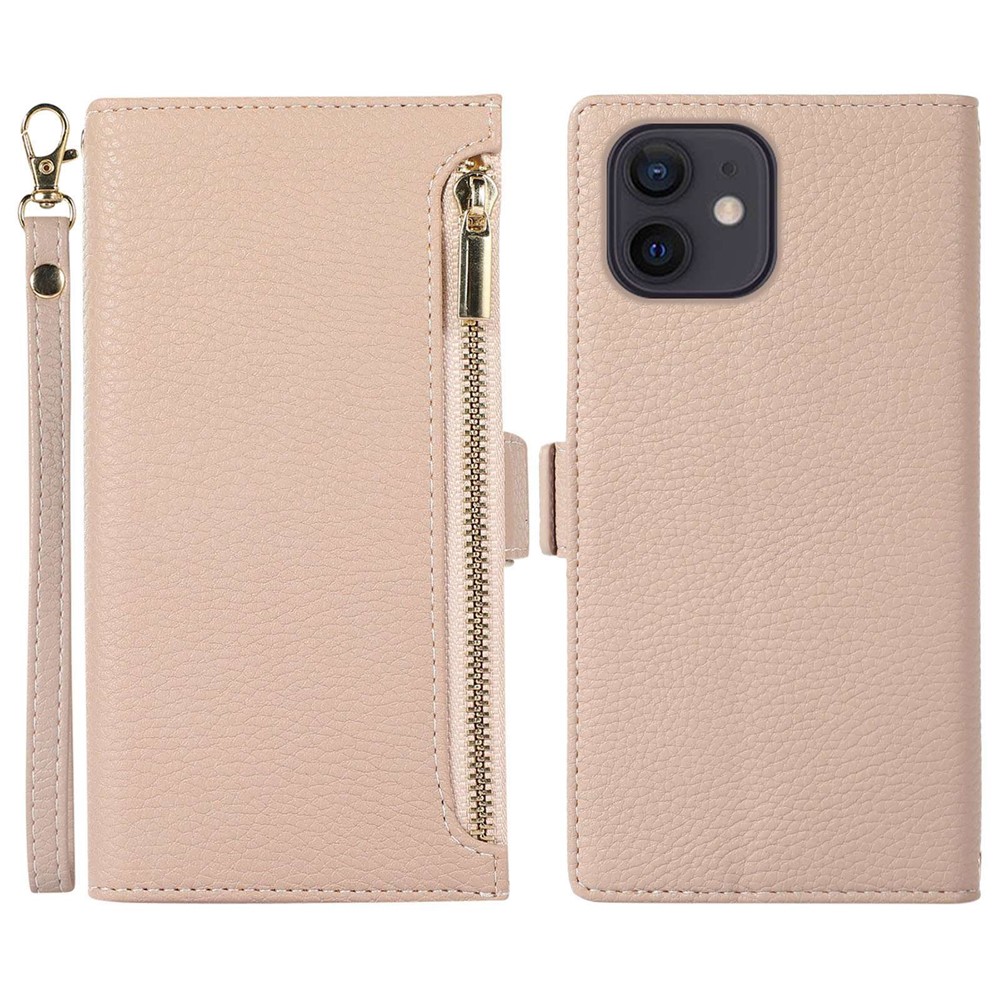 For iPhone 11 6.1 inch Zipper Pocket Design Litchi Texture Phone Case, PU Leather Flip Cover Foldable Stand Wallet with Strap - Apricot