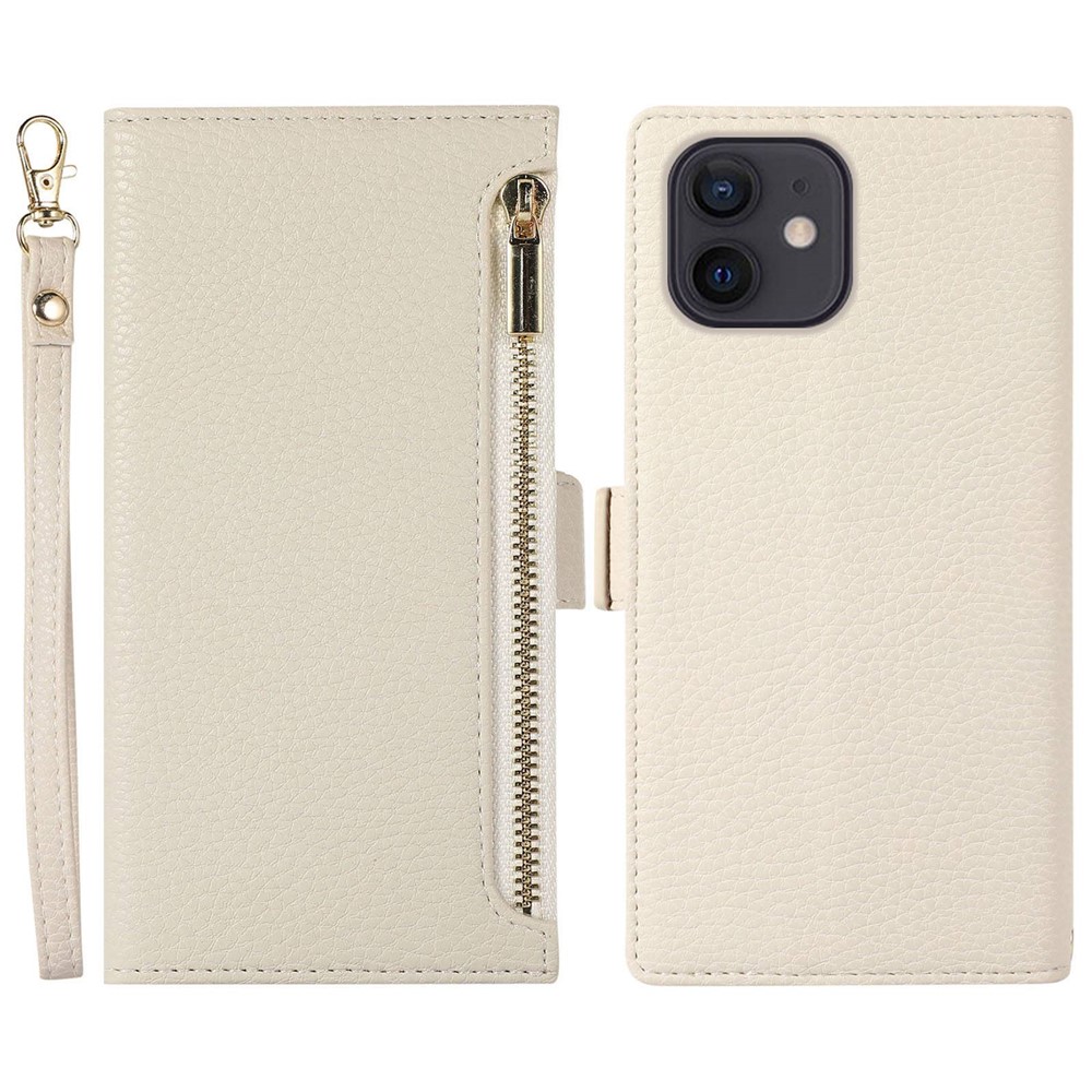 For iPhone 11 6.1 inch Zipper Pocket Design Litchi Texture Phone Case, PU Leather Flip Cover Foldable Stand Wallet with Strap - White