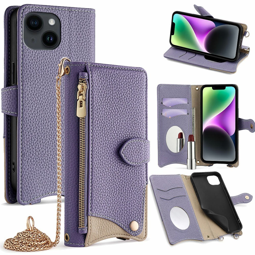 For iPhone 15 Leather Case Wallet Stand Cover Irregular Tail Style with Chain Strap - Purple