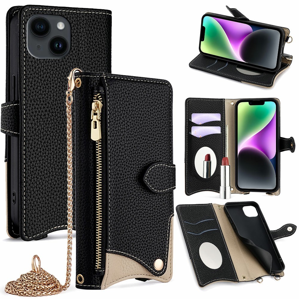 For iPhone 14 Leather Case Wallet Stand Cover Irregular Tail Style with Chain Strap - Black
