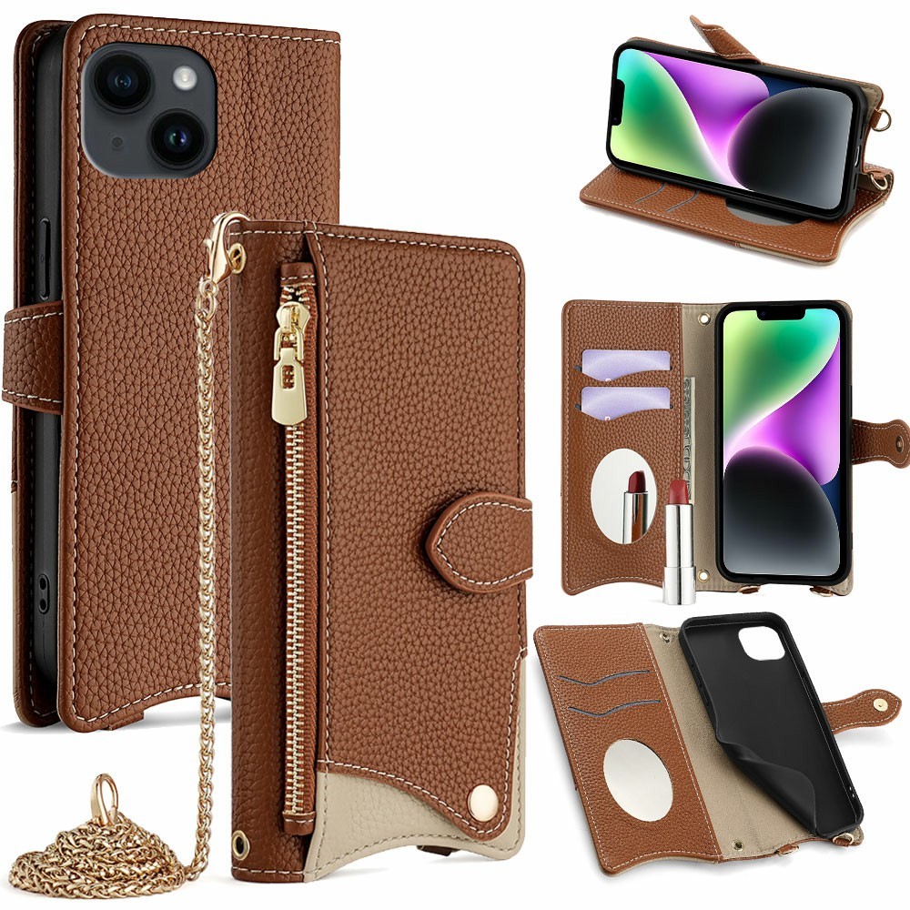 For iPhone 14 Leather Case Wallet Stand Cover Irregular Tail Style with Chain Strap - Brown