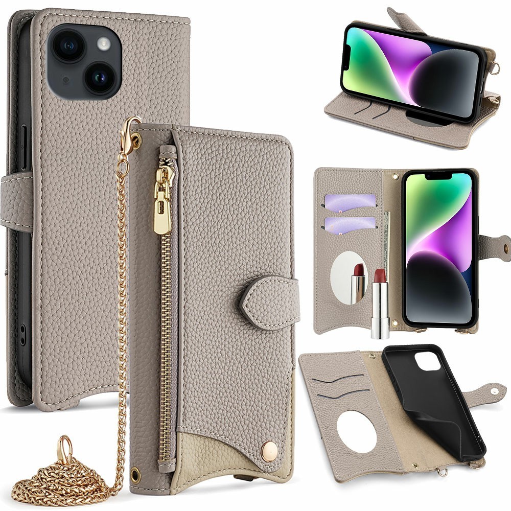 For iPhone 14 Leather Case Wallet Stand Cover Irregular Tail Style with Chain Strap - Grey