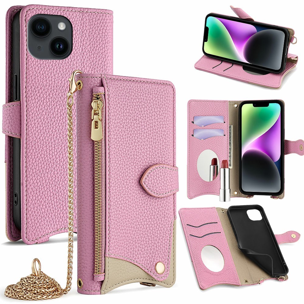 For iPhone 14 Leather Case Wallet Stand Cover Irregular Tail Style with Chain Strap - Pink