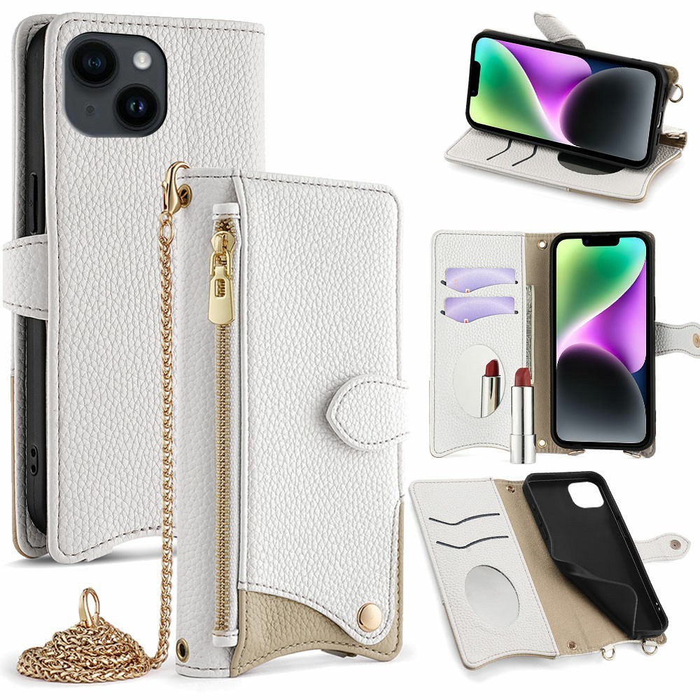 For iPhone 14 Leather Case Wallet Stand Cover Irregular Tail Style with Chain Strap - White