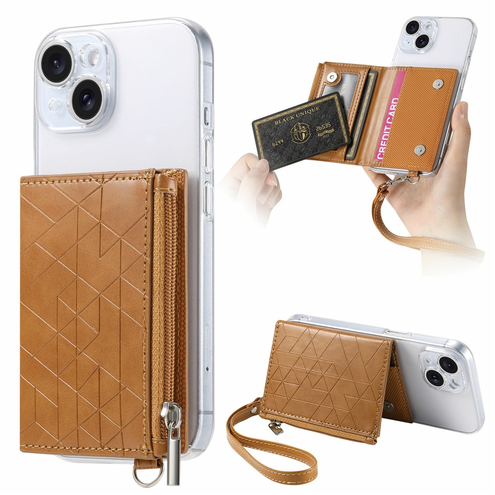 For iPhone 15 Clear Case Shockproof TPU Phone Cover with Kickstand Wallet - Brown