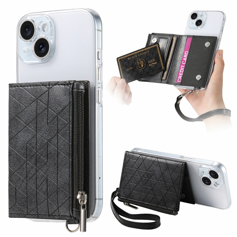 For iPhone 15 Clear Case Shockproof TPU Phone Cover with Kickstand Wallet - Black