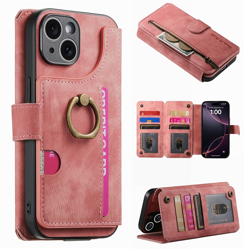 For iPhone 15 Case Zipper Wallet Kickstand Ring Holder Leather + TPU Phone Cover - Pink