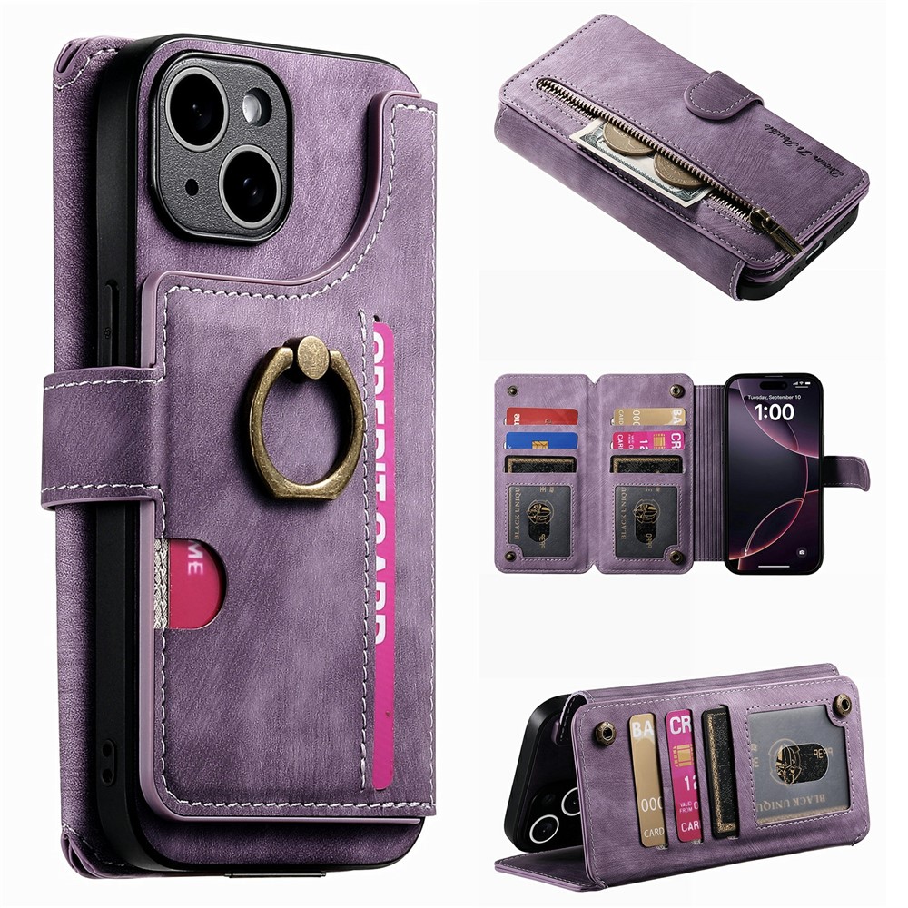 For iPhone 15 Case Zipper Wallet Kickstand Ring Holder Leather + TPU Phone Cover - Purple