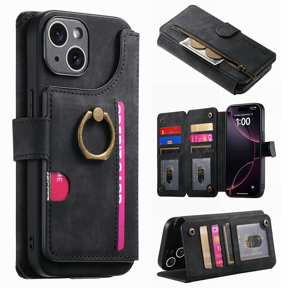 For iPhone 15 Case Zipper Wallet Kickstand Ring Holder Leather + TPU Phone Cover - Black