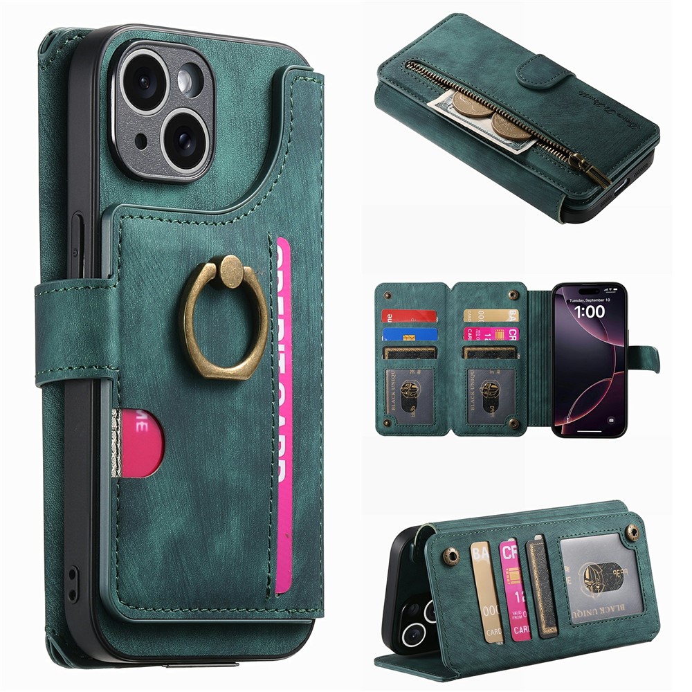 For iPhone 15 Case Zipper Wallet Kickstand Ring Holder Leather + TPU Phone Cover - Green
