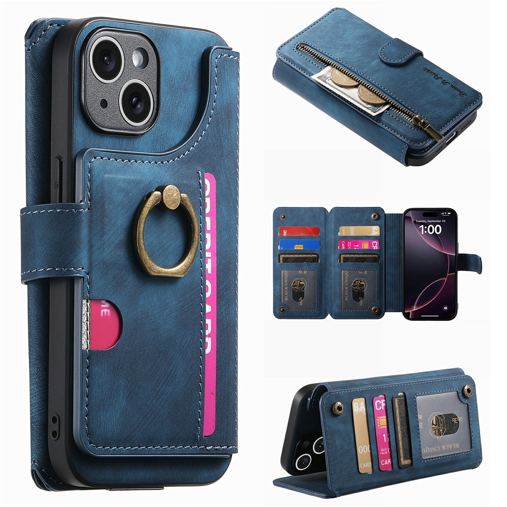 For iPhone 15 Case Zipper Wallet Kickstand Ring Holder Leather + TPU Phone Cover - Blue