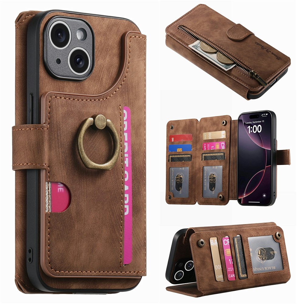 For iPhone 15 Case Zipper Wallet Kickstand Ring Holder Leather + TPU Phone Cover - Brown