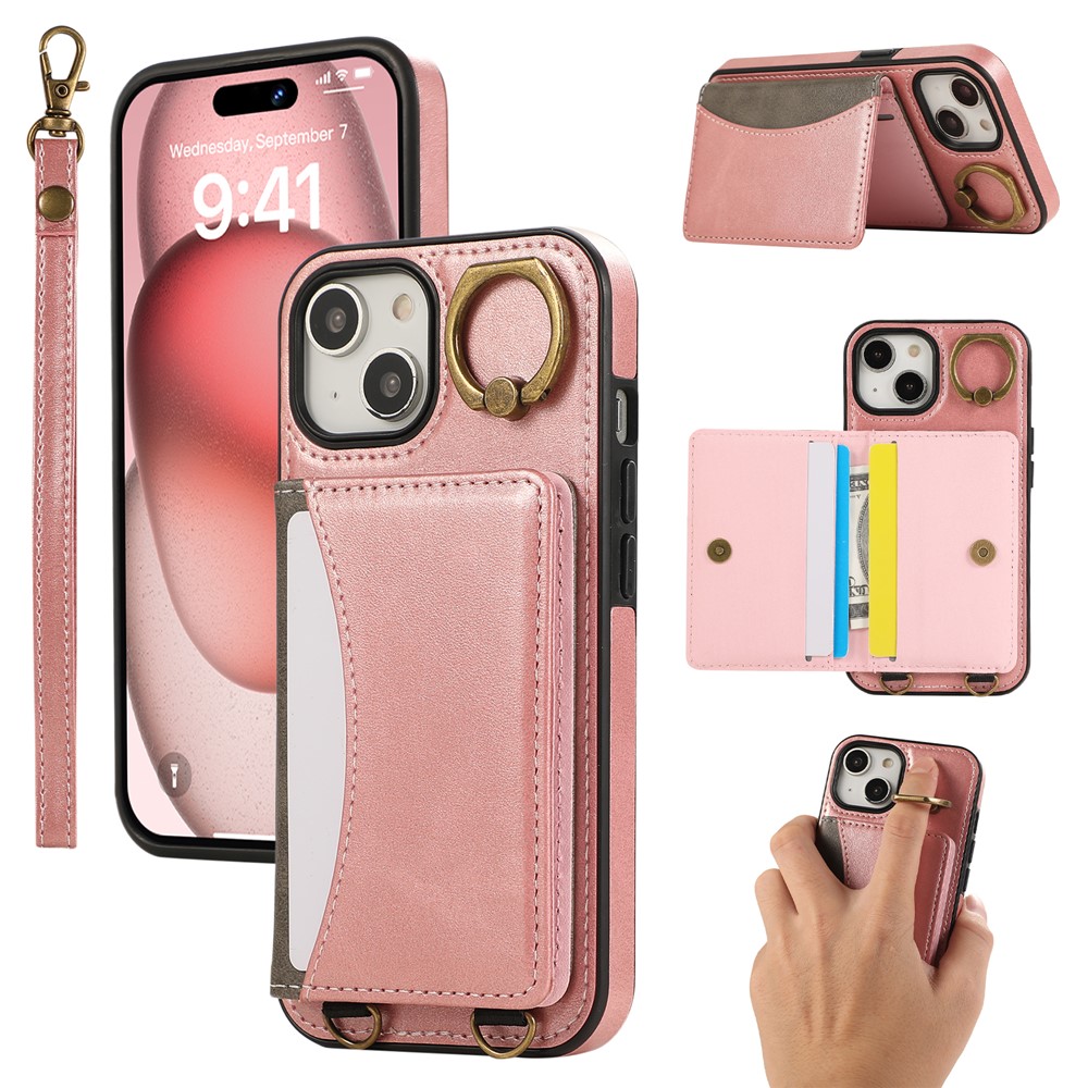 For iPhone 14 PU Leather Back Case Card Holder Kickstand Phone Cover with Wrist Strap - Pink